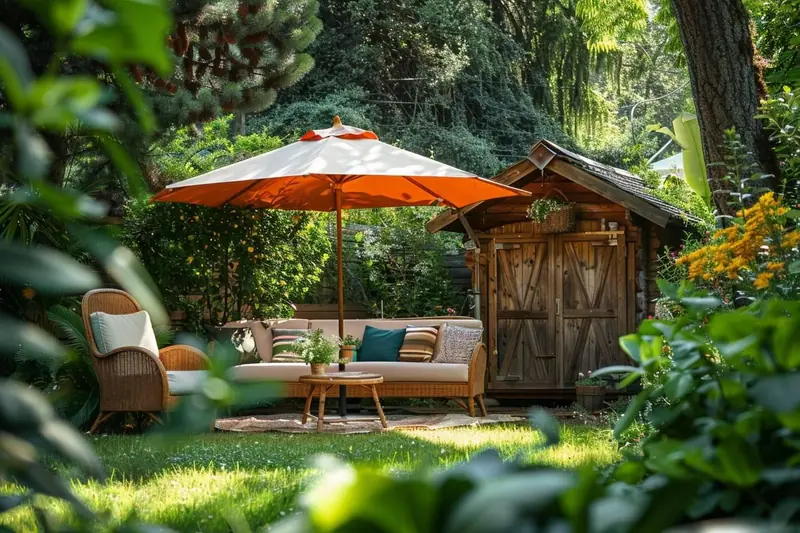 Deux enfants jouent sous une pergola équipée d’une toile d’ombrage dans un jardin familial.