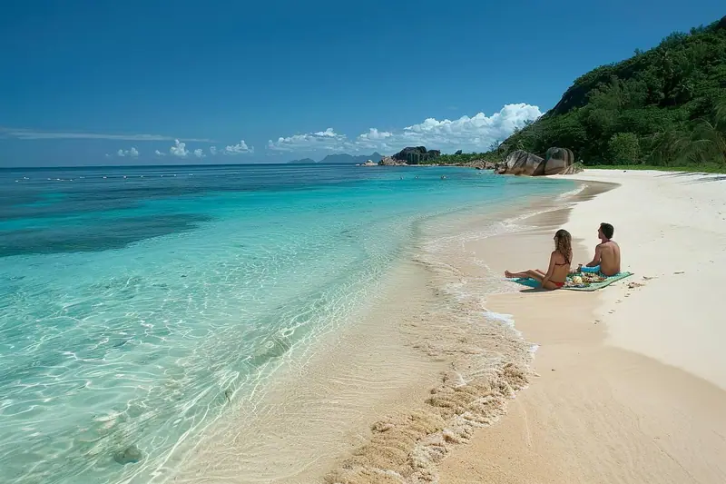 Un couple marche au coucher du soleil sur une plage des Seychelles bordée de rochers granitiques et de palmiers.