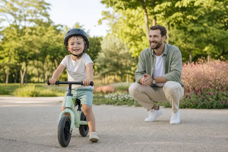 Enfant souriant en équilibre sur une draisienne dans un parc verdoyant, parent encourageant à proximité.