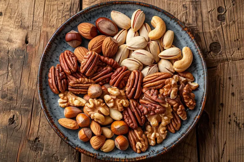 Bol de graines, amandes, noisettes et flocons d’avoine utilisés comme alternatives aux noix de pécan en cuisine familiale
