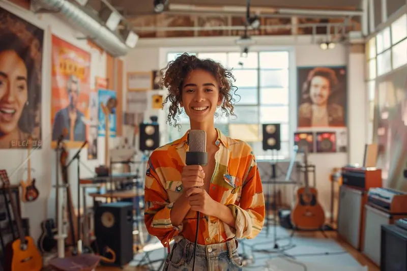 Un parent et son enfant chantent ensemble dans le salon, debout près d’une enceinte musicale