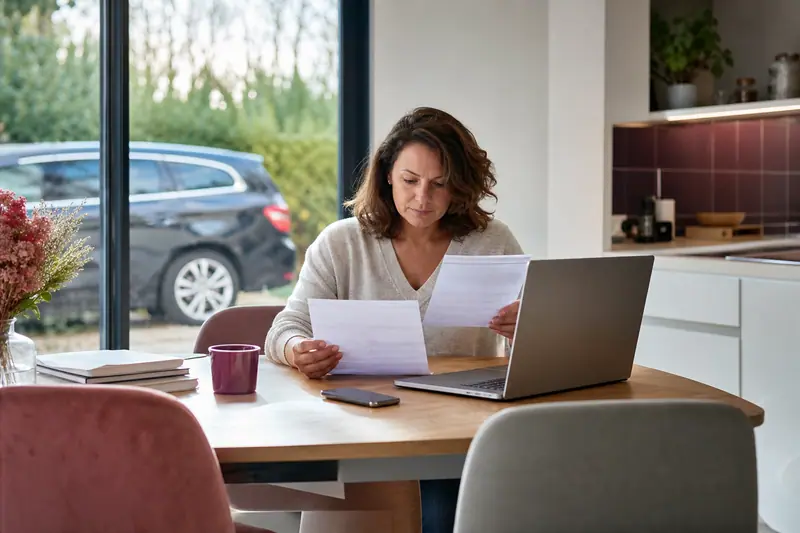 Un parent compare deux devis d'assurance auto imprimés à la table de la cuisine, voiture familiale visible par la fenêtre.