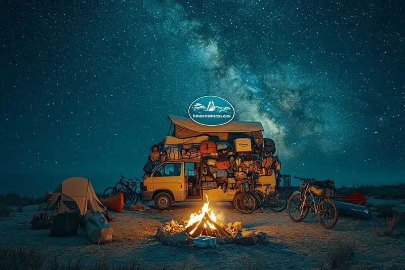 Une famille range des vélos et du matériel de camping dans la soute d'un camping-car avant le départ en vacances.