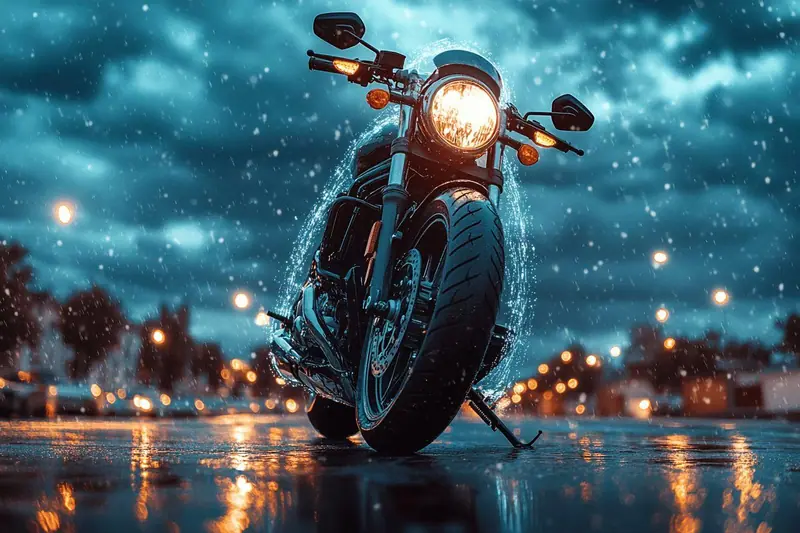 Moto stationnée sous un abri après une forte averse, avec des nuages d’orage en arrière-plan