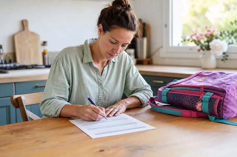 Parent remplissant une attestation d'assurance scolaire à la table de la cuisine, cartable d'enfant posé à côté.