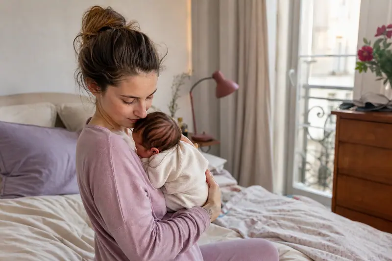 Jeune mère assise sur son lit tenant son nouveau-né, expression fatiguée mais apaisée, chambre lumineuse aux tons doux.