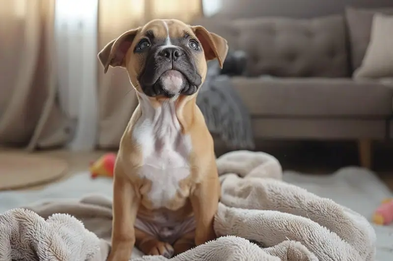 Un petit chien au poil fauve et blanc est assis dans un salon, près d'un enfant et de ses parents qui préparent ses accessoires.