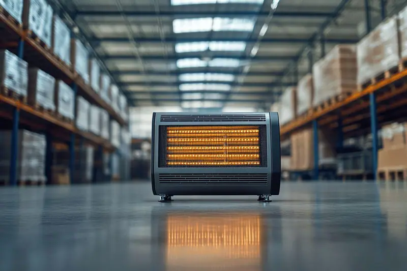 Technicien dans un atelier professionnel vérifiant un chauffage électrique industriel suspendu au plafond