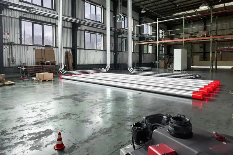 Plafond d'un atelier professionnel équipé de tubes radiants chauffant les postes de travail au sol
