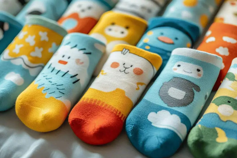 Un enfant assis sur un tapis, portant des chaussettes dépareillées colorées à motifs d’animaux