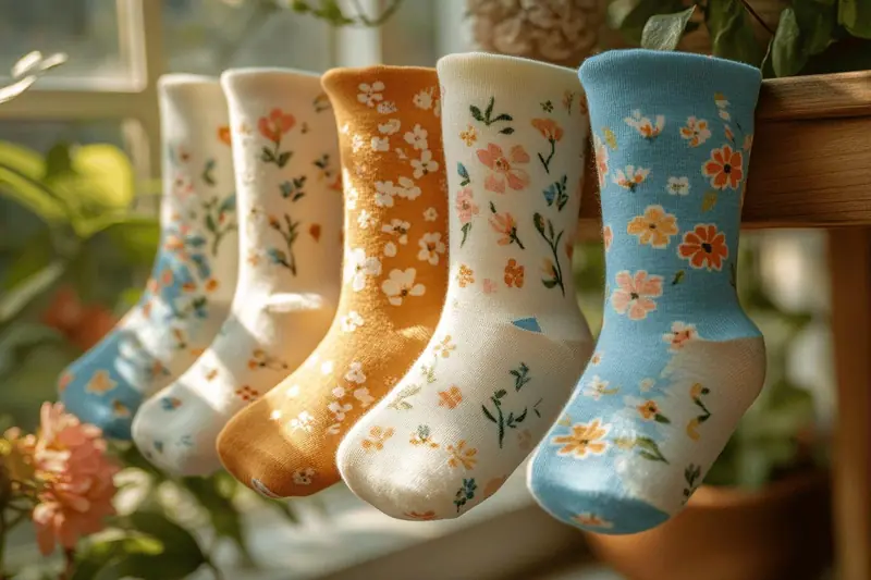 Paires de chaussettes à motifs floraux pastel et colorés, disposées près de baskets et de chaussures d’enfant.