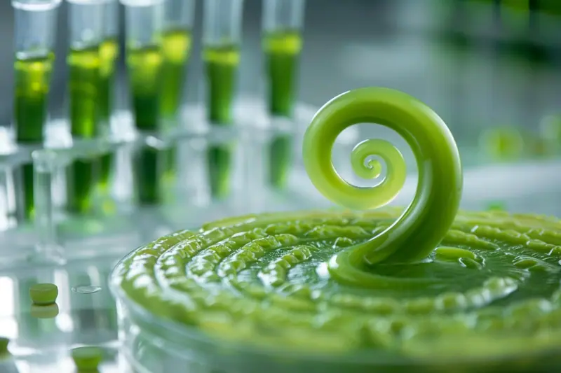 Comprimés et poudre verte de chlorella posés à côté d'un verre d'eau sur une table de cuisine