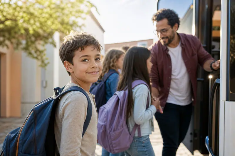 Enfant souriant avec son sac à dos monté dans un car de colonie de vacances, animateurs à l'arrière-plan.