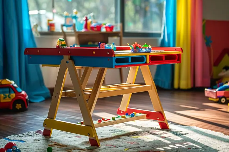 Un enfant dessine avec des crayons de couleur à une petite table en bois équipée de rangements.
