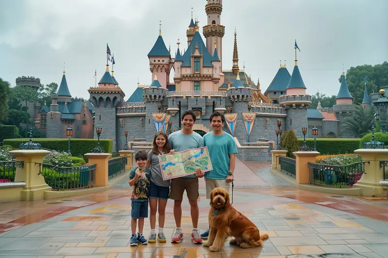 Une famille avec deux enfants devant l’entrée d’un parc Disney, préparant son séjour