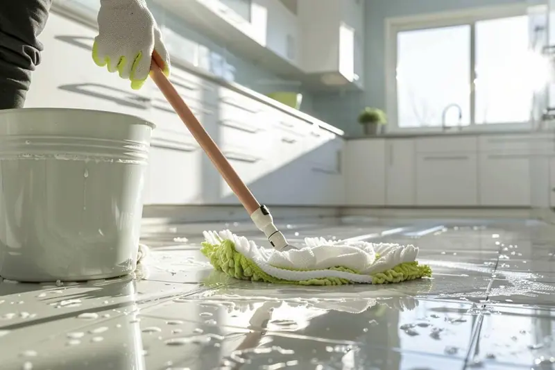 Parent passant une serpillière microfibre sur un sol en lino clair dans une cuisine familiale