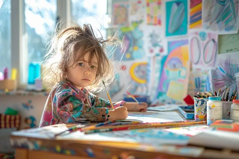 Un enfant assis à une petite table de dessin, avec des crayons rangés dans des pots et une feuille posée sur un set de protection.