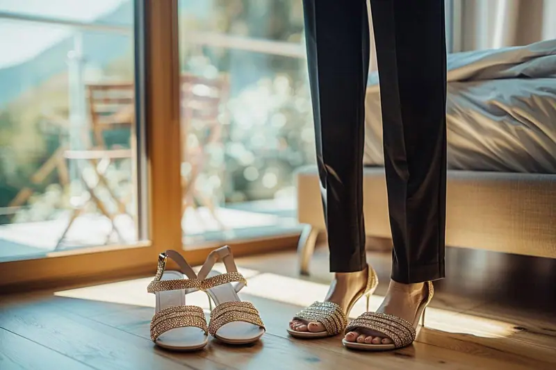 Une mère porte un pantalon fluide beige, des sandales en cuir à brides et tient la main de son enfant dans une rue ensoleillée.
