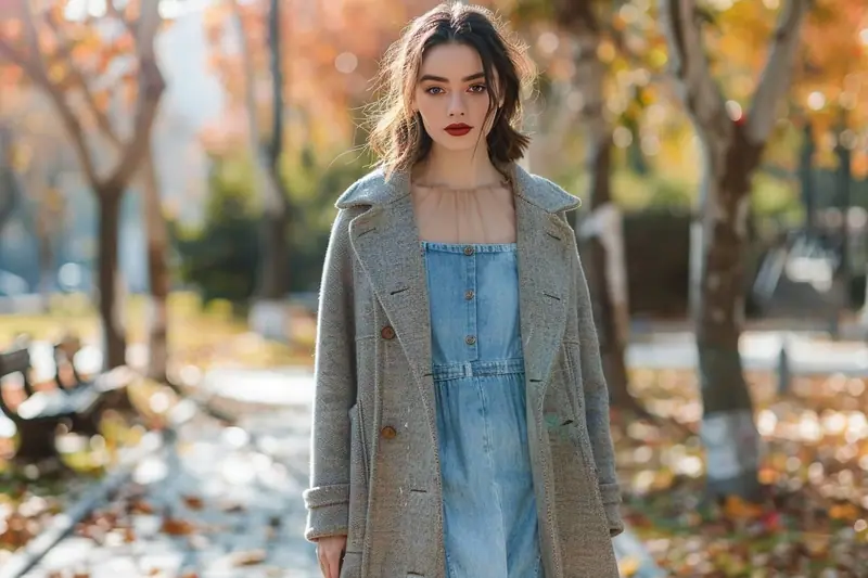 Parent portant une robe en jean midi, un manteau droit beige et des bottines lors d’une sortie au parc avec son enfant