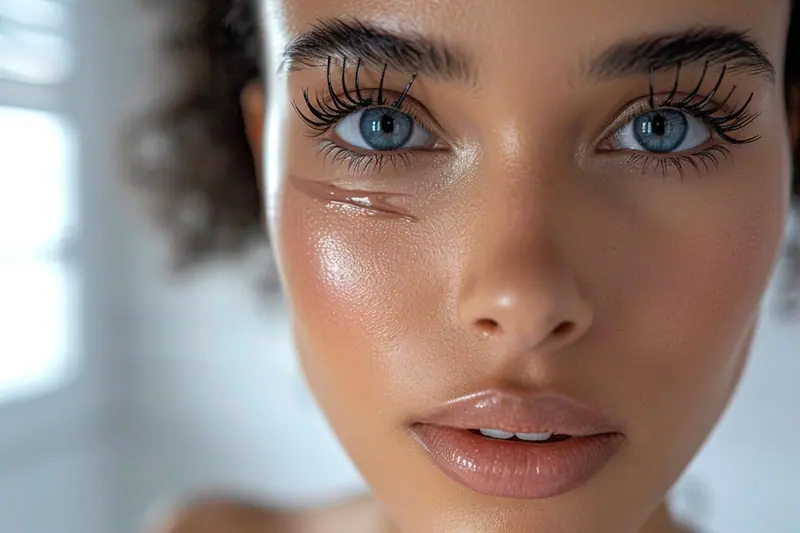 Main appliquant du mascara noir avec une brosse fine sur les cils supérieurs, devant un miroir.