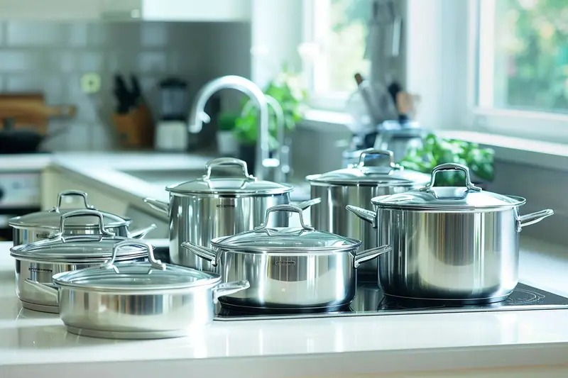 Batterie de cuisine familiale composée de casseroles, poêles, sauteuse et faitout rangés dans une cuisine lumineuse