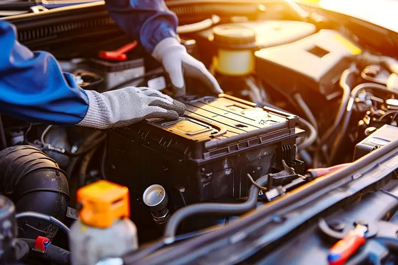 Parent remplaçant la batterie 12 V d’une voiture avec un dispositif de maintien de mémoire branché