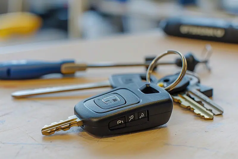Main ouvrant avec précaution le boîtier d’une clé de Renault Clio 2 pour remplacer les piles bouton