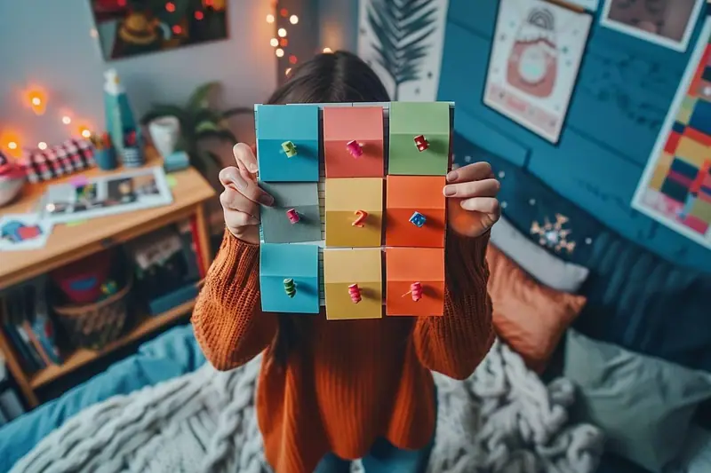 Un adolescent ouvre une case d’un calendrier de l’avent posé sur un bureau, avec des petits cadeaux et des cartes d’activités.