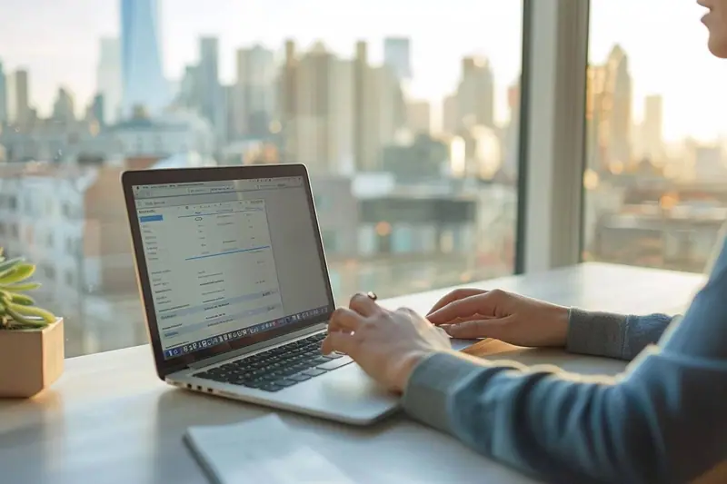 Un parent configure une imprimante Wi-Fi depuis un ordinateur portable sur une table de la maison, avec des feuilles de devoirs à côté.