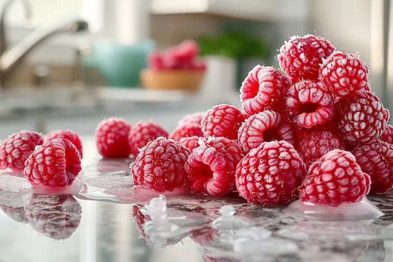 Framboises fraîches étalées sur une plaque recouverte de papier cuisson avant leur congélation.