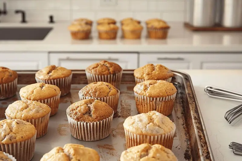 Des muffins maison refroidis sur une grille, rangés par portions dans des sachets de congélation étiquetés.