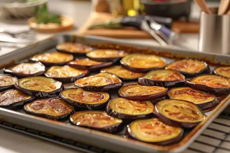 Portions d'aubergines rôties cuites rangées dans des boîtes hermétiques étiquetées avant congélation.