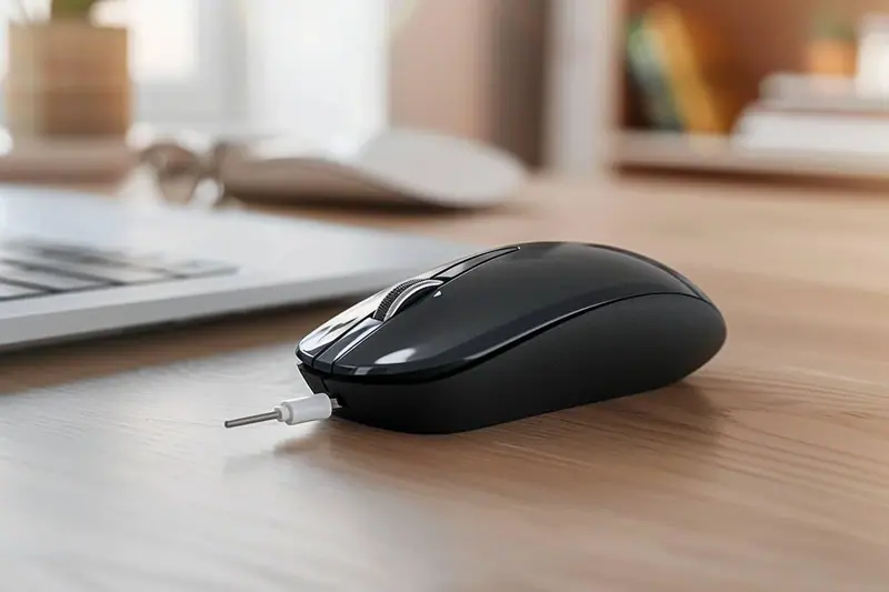 Une personne connecte une souris sans fil à un ordinateur portable sur un bureau de télétravail familial.