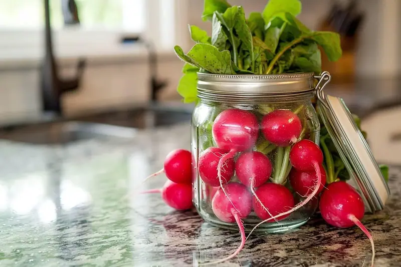 Une botte de radis roses sans fanes, rangée dans une boîte avec un linge légèrement humide dans le bac à légumes d’un réfrigérateur.