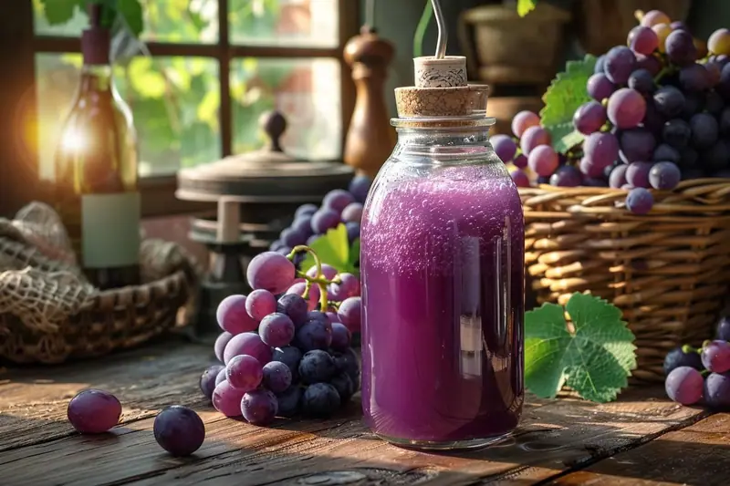 Bocaux de jus de raisin maison étiquetés et rangés dans un cellier frais, avec des grappes de raisin frais à côté