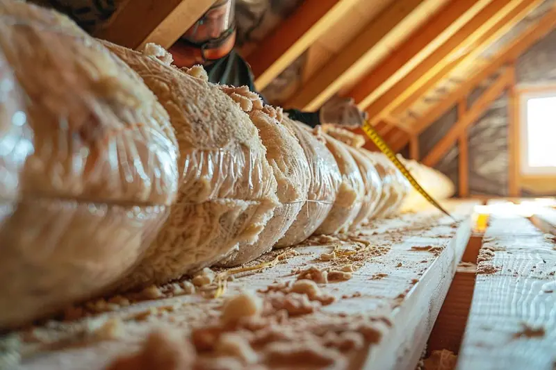 Combles perdus isolés avec une couche homogène de cellulose soufflée et des piges graduées indiquant la hauteur d’isolant