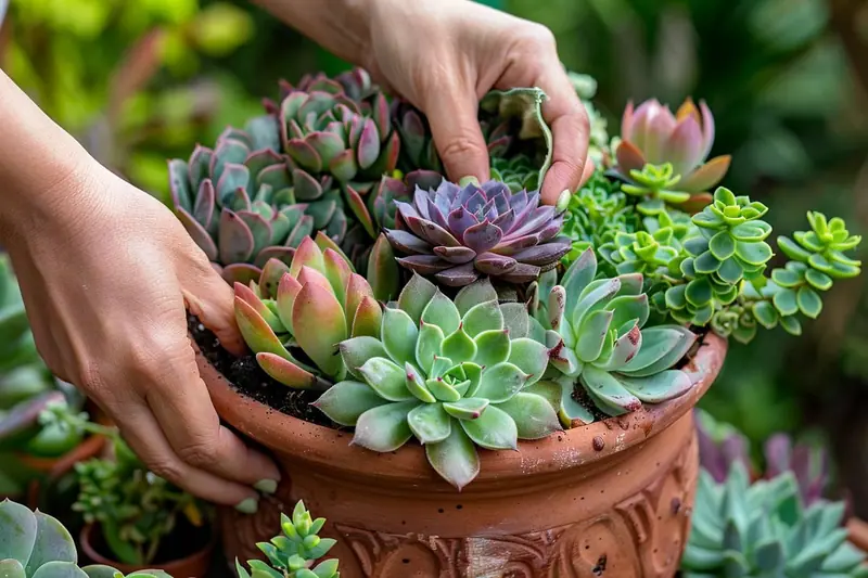 Petit jardin de succulentes composé de rosettes et de sedums dans une coupe en terre cuite percée, posé sur une table en bois.