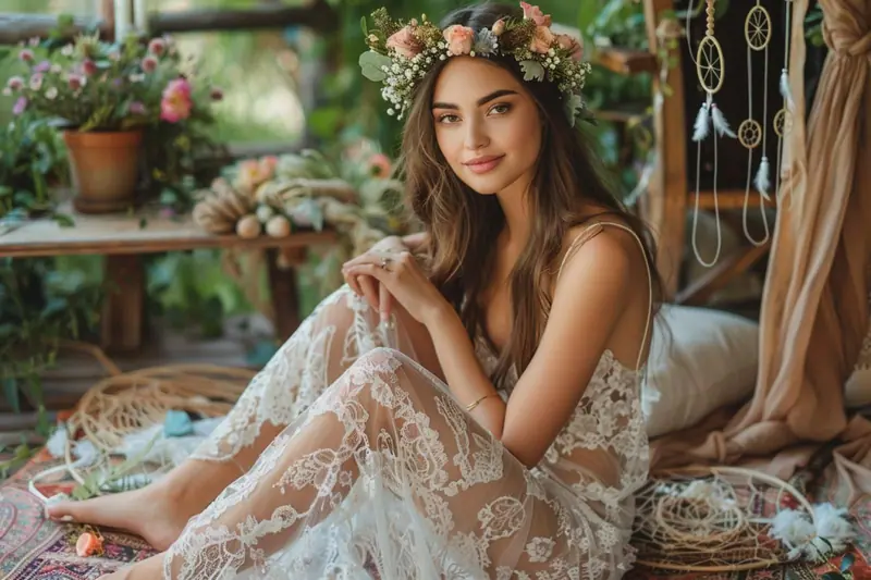 Table de mariage bohème dressée dans un jardin, avec fleurs séchées, lanternes LED, textiles écrus et espace de jeux sécurisé pour les enfants.