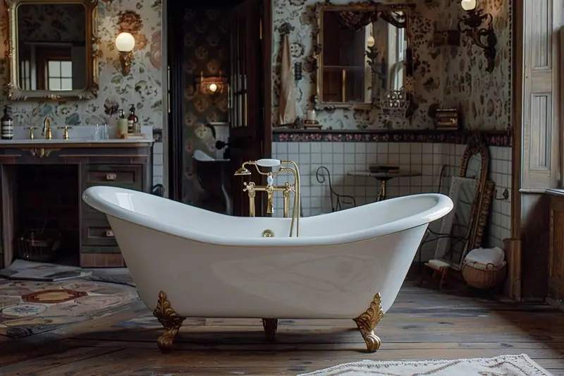Salle de bain rétro familiale avec carrelage à motifs, meuble vasque en bois, baignoire et rangements fermés