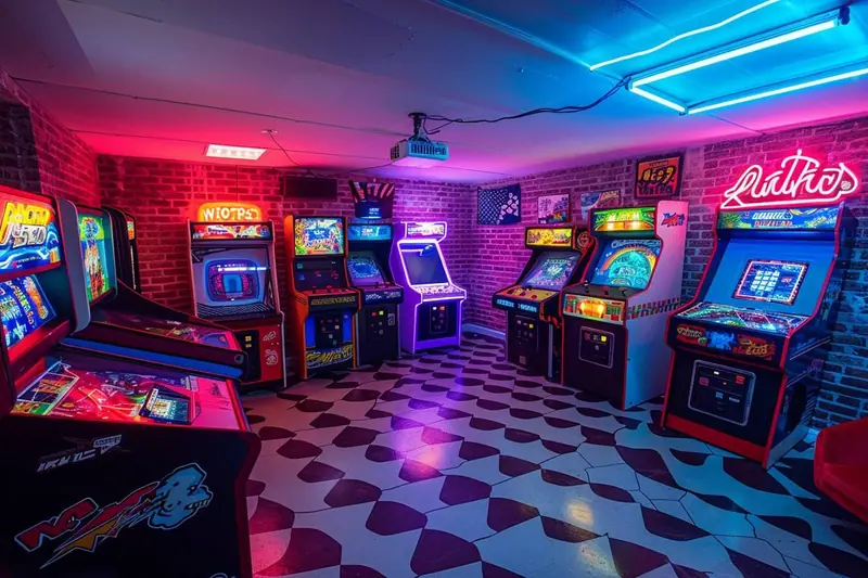 Une salle de jeux rétro familiale avec un écran, des manettes rangées, un canapé et une borne d’arcade