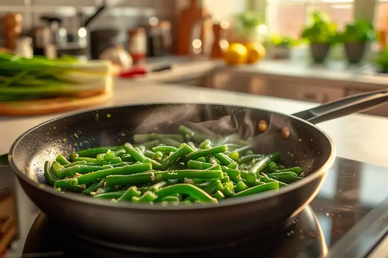 Une casserole de flageolets verts congelés cuits, égouttés et servis avec des herbes fraîches dans un plat familial.