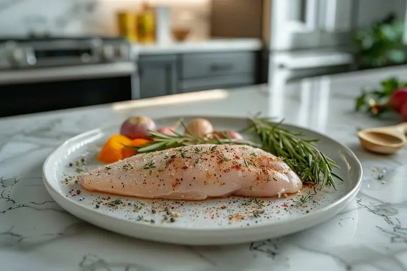 Filets de poulet surgelés cuits au four dans un plat avec une sauce tomate douce et des herbes