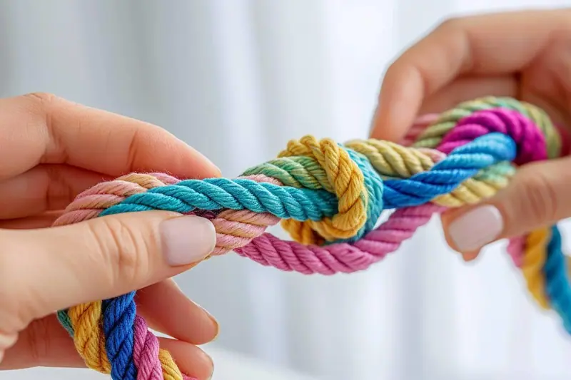 Un adulte et un enfant réalisent des nœuds de macramé avec une corde en coton sur une table de loisirs créatifs.