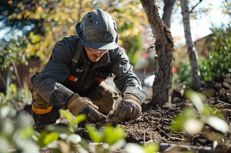 Deux adultes déplacent avec précaution un jeune arbre dont la motte est enveloppée dans une toile, dans un jardin sécurisé.