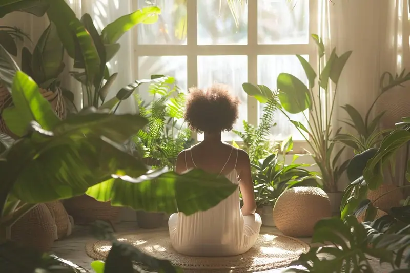 Salon familial lumineux avec plantes en pots sécurisées, bois clair, grande fenêtre et coin jeux pour enfants