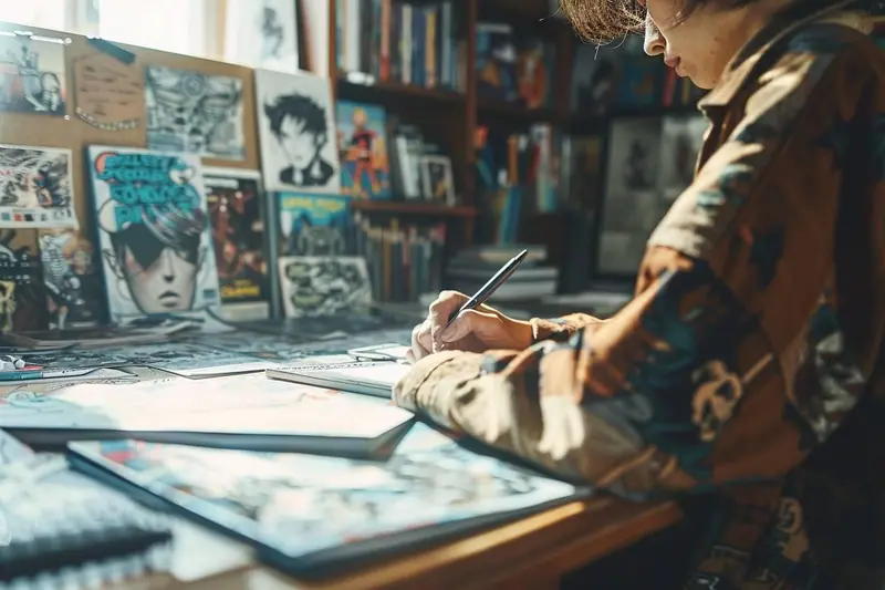 Un adolescent dessine le découpage d'une bande dessinée sur une table, entouré de feuilles, d'un carnet et de feutres.