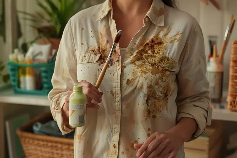 Un parent retire délicatement une tache de peinture d'un vêtement d'enfant avec un chiffon blanc et de l'eau savonneuse.