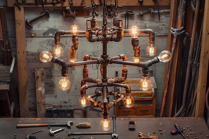 Lustre industriel fait maison composé d’une barre en bois sombre, de trois suspensions noires et d’ampoules LED à filament au-dessus d’une table familiale.