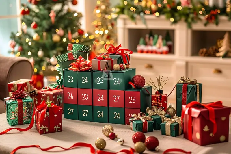 Un parent et deux enfants décorent des sachets numérotés pour fabriquer un calendrier de l’avent destiné à un ami.