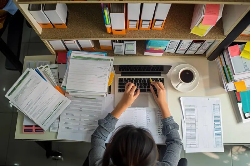Parent travaillant sur un ordinateur portable et rédigeant un compte rendu de formation à partir de ses notes.
